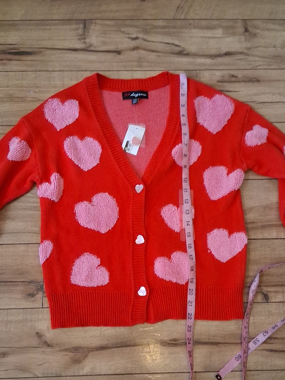 New Women's Heart Print V-neck Red And Pink Oversize Knit Glam Cardigan XXS - Picture 13 of 17
